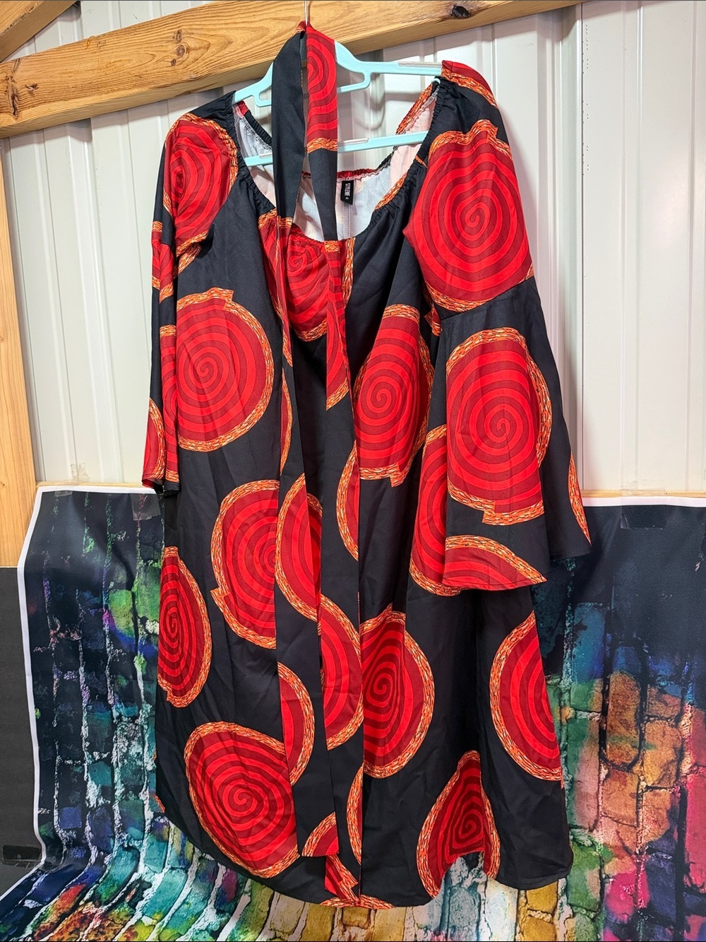 STYLEWE Black Dress with Bold Red Spiral Print